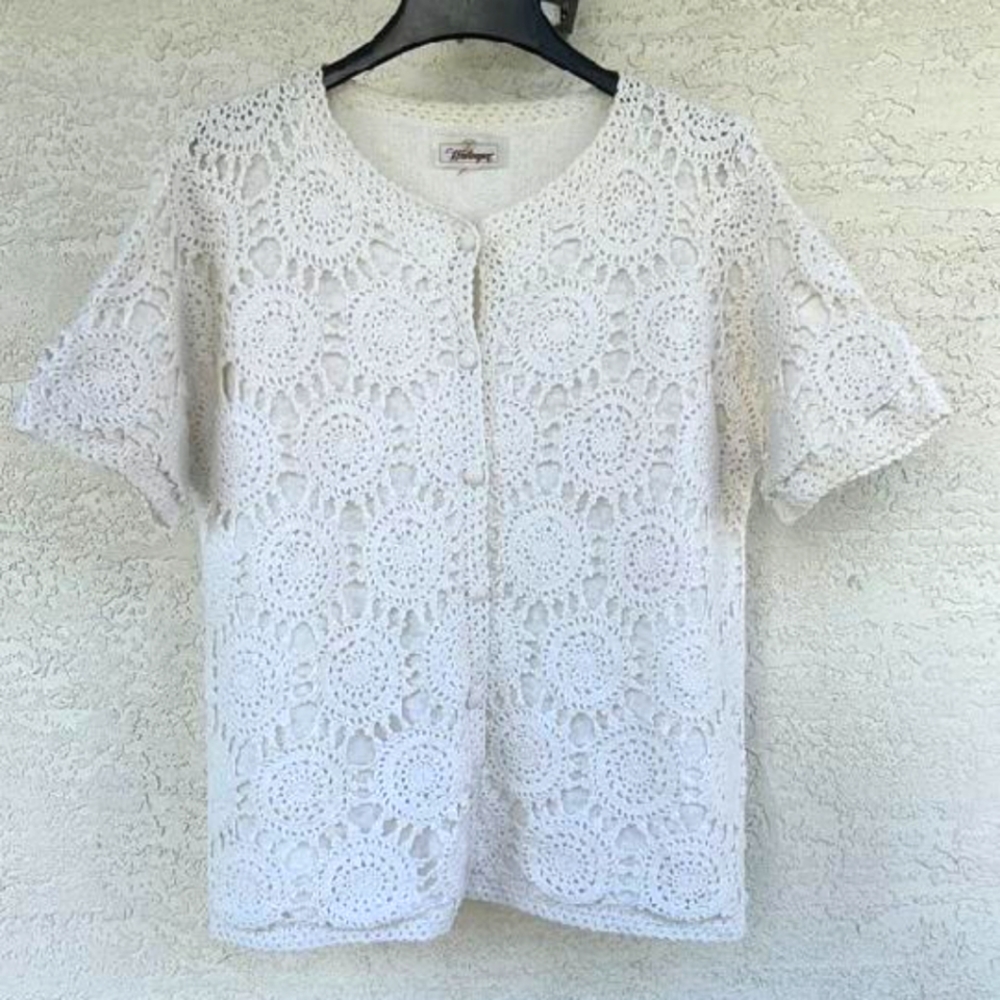 Vintage Worthington Women's White Crochet Button Up Short Sleeve Sweater Cardiga